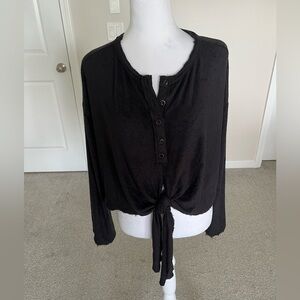 NWT Free People Black Longsleeve Top with Button and Tie Front Size Small